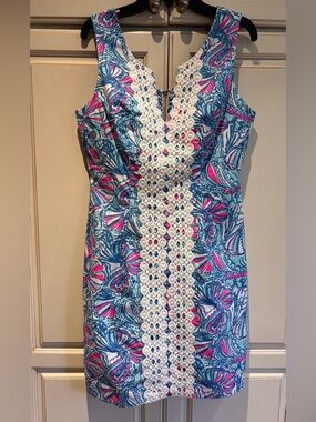 Sleeveless Blue & Pink Printed Sheath Dress with White Crochet Trim